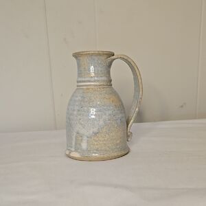 Cream Gray Stoneware Pitcher Drinking Vessel Signed